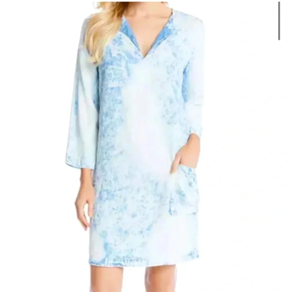 KAREN KANE ACID WASH DENIM LOOK SHIFT DRESS  W POCKETS 3/4 SLEEVE SIZE MEDIUM